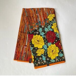 Floral Print Orange Multicolor Striped Colorful Cotton Fabric - 5 Yards